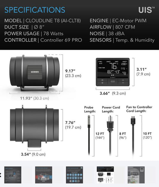AC Infinity 200mm Fan CLOUDLINE T8, Quiet Inline Fan 6"
