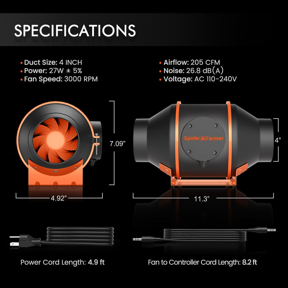 Spider Farmer 100mm 350m/hr Inline Fan