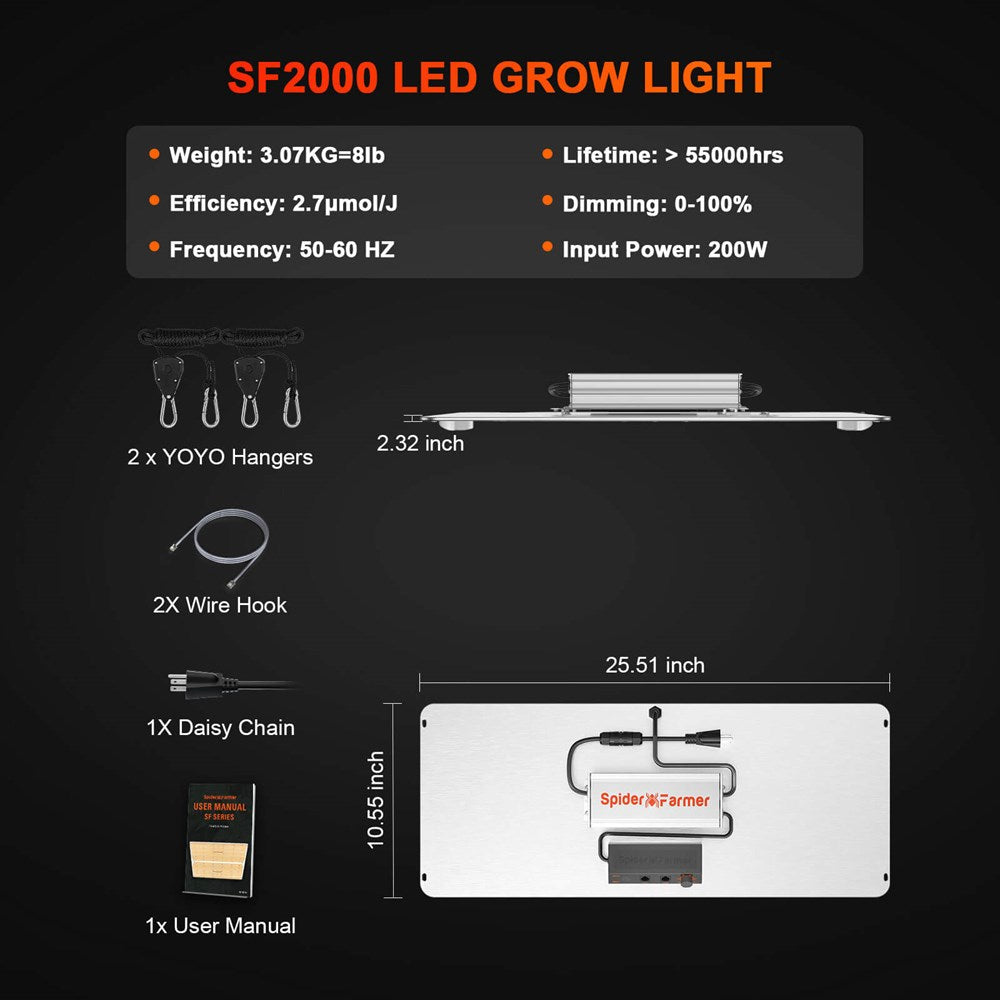 Spider Farmer SF2000 Pro 200W LED Grow Light with Dimmer