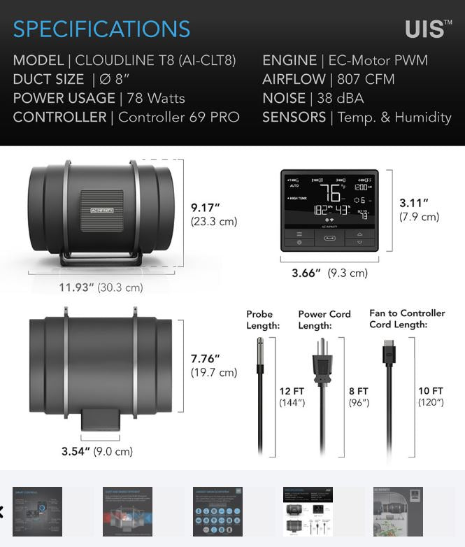 AC Infinity CLOUDLINE T8 (200mm/8") Quiet Inline Fan