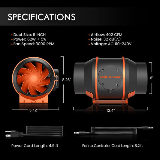 Spider Farmer 150mm 680m /hr Inline Fan with Smart Controller